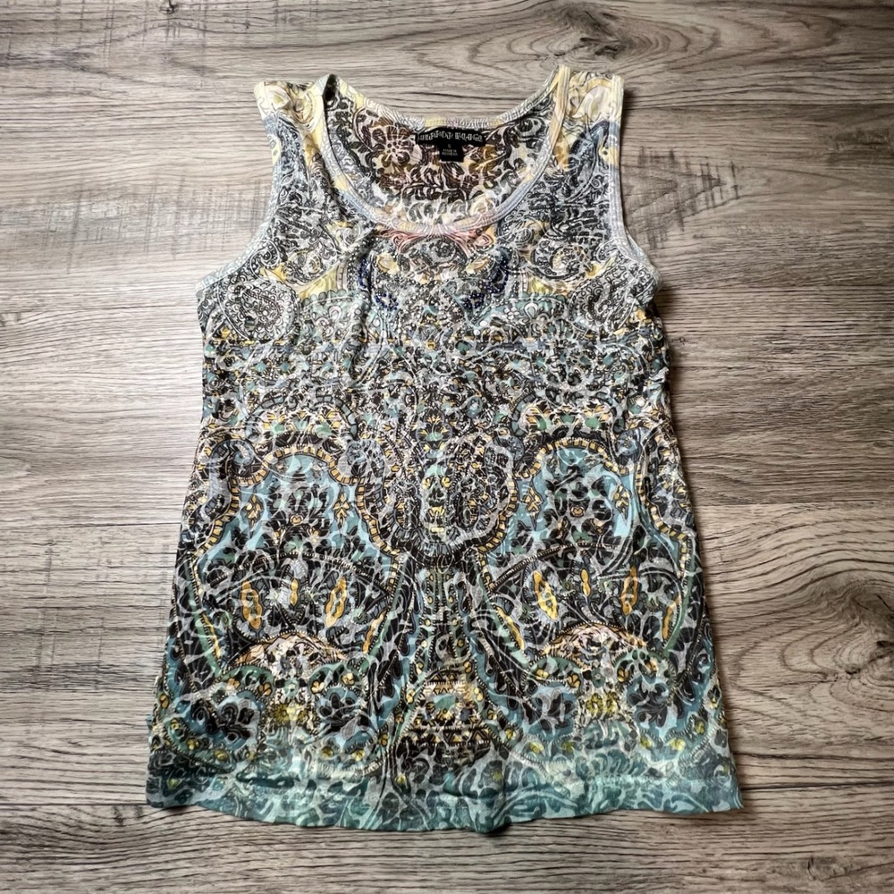 Mirror Image Tank Top Womens Small Blue Paisley Rhinestone Boho‎ Sleeveless Tee
